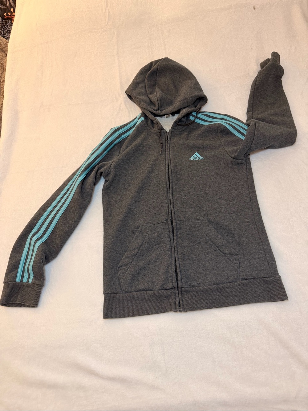 adidas Kids Charcoal Zip Hoodie with Teal Stripes size: L
